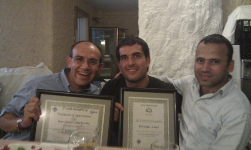 In the Gala Dinner. Juan-Carlos Cano Workshop Co-Chair of the 5th 4-th ACM Workshop on Performance Monitoring and Measurement of Heterogeneous Wireless and Wired Networks together with Ángel Rumin who received the Best Paper Award, and a colleague from University of Morocco.